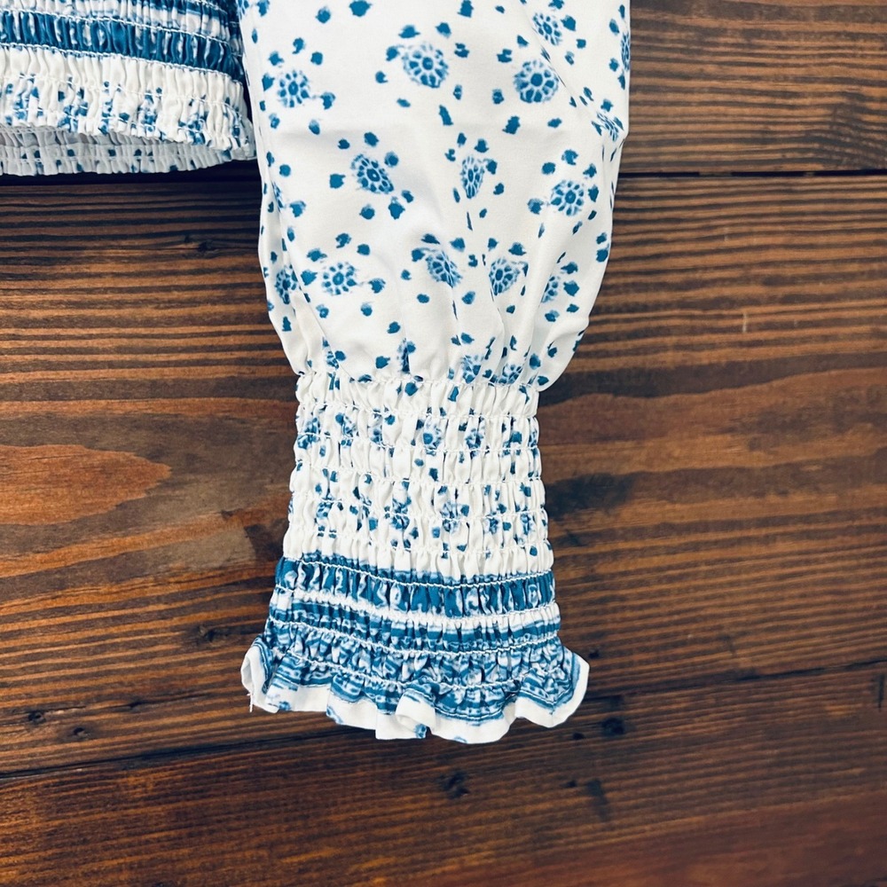 Faux Wrap Peasant Crop Top Women XS Blue Puff Sleeve Boho Cottagecore Smocked - Picture 3 of 9